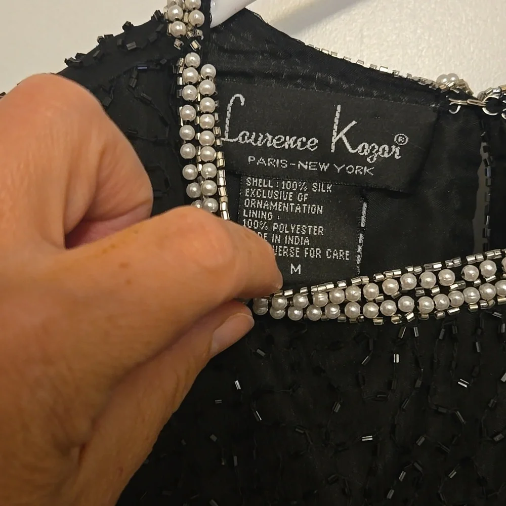 Laurence Kazar 100 Percent Silk Black and Silver Beaded Blouse Size Medium